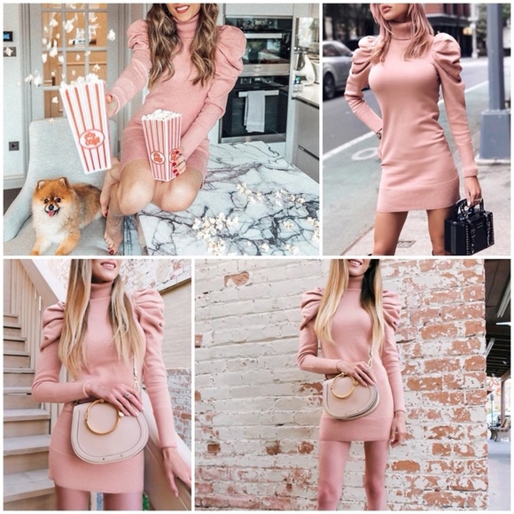 Pastel Pink Puff Sleeve Knit Mini Dress High Neck - Picture 2 of 12